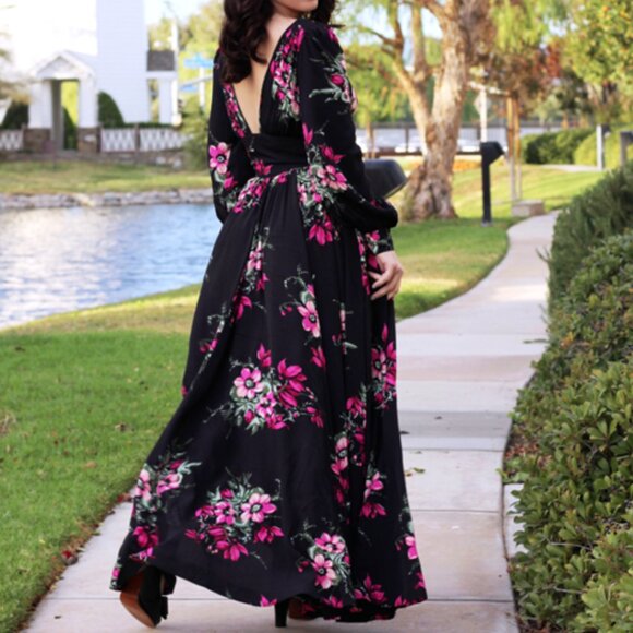 Trashy Diva Dress floral long sleeve maxi womens Black Pink (size 12) party chic - Picture 7 of 8